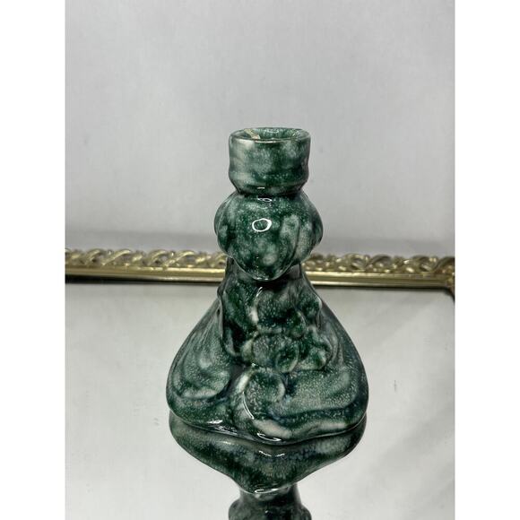Vintage Pair of Unique Mid century Handmade Green Ceramic Candlestick Holders - Picture 2 of 10
